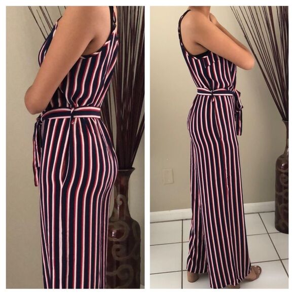 Ambiance Sleeveless Jumpsuit M Striped Pockets Adjustable Straps Red White Navy - Picture 5 of 11